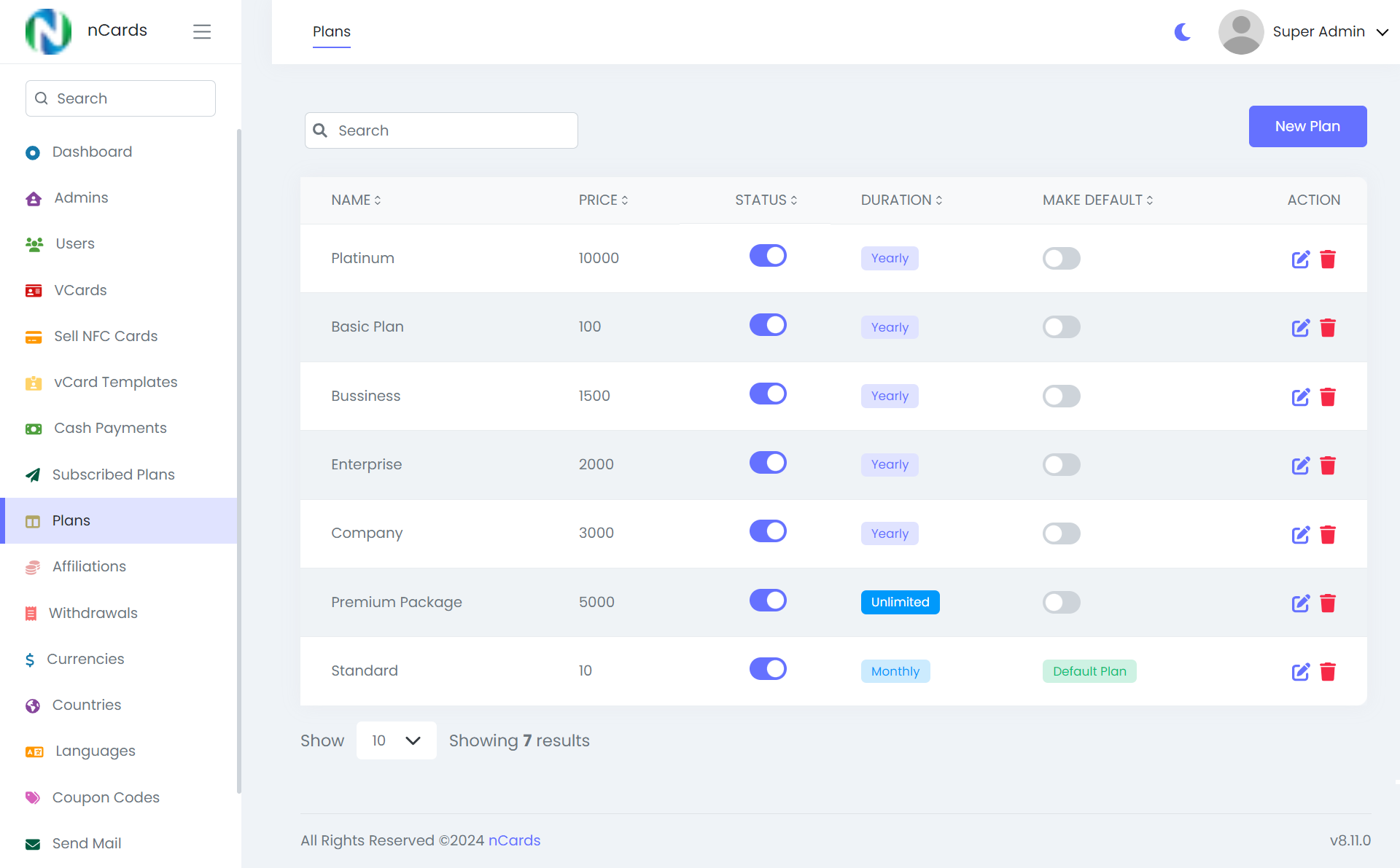 Digital business card — admin panel — Manage Plans