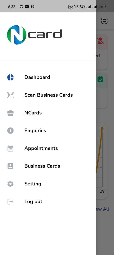 Digital business card — mobile app — Menu