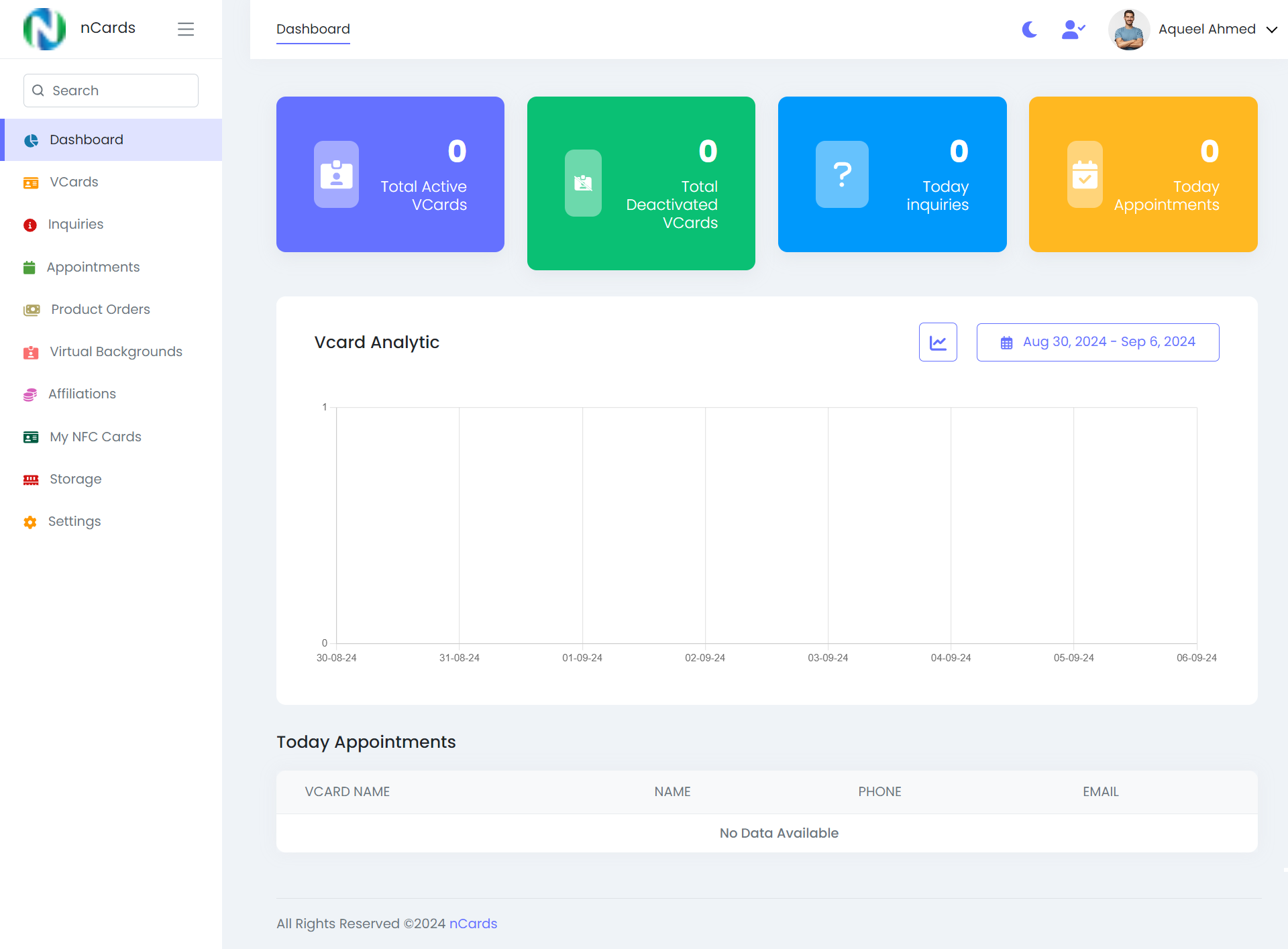 Digital business card — user panel — Dashboard