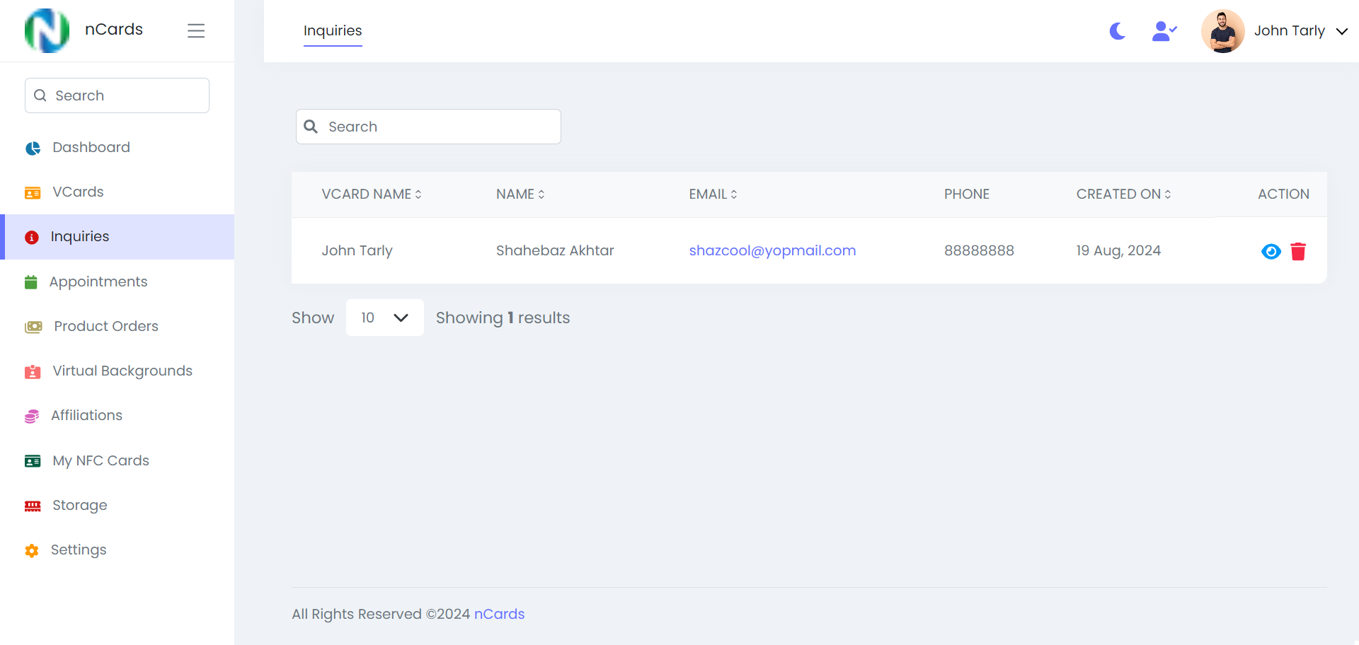 Digital business card — user panel — Enquiries