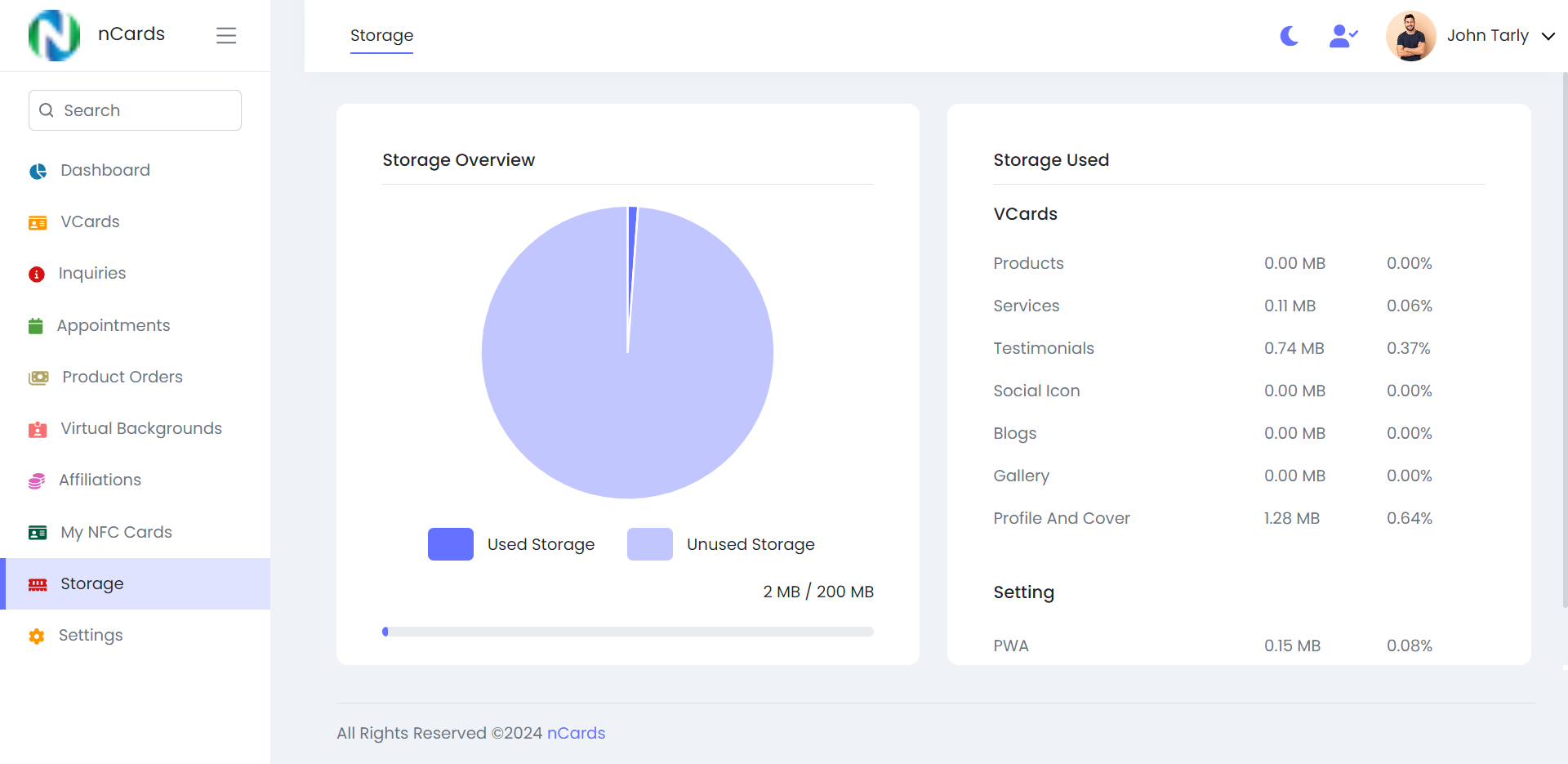 Digital business card — user panel — Storage