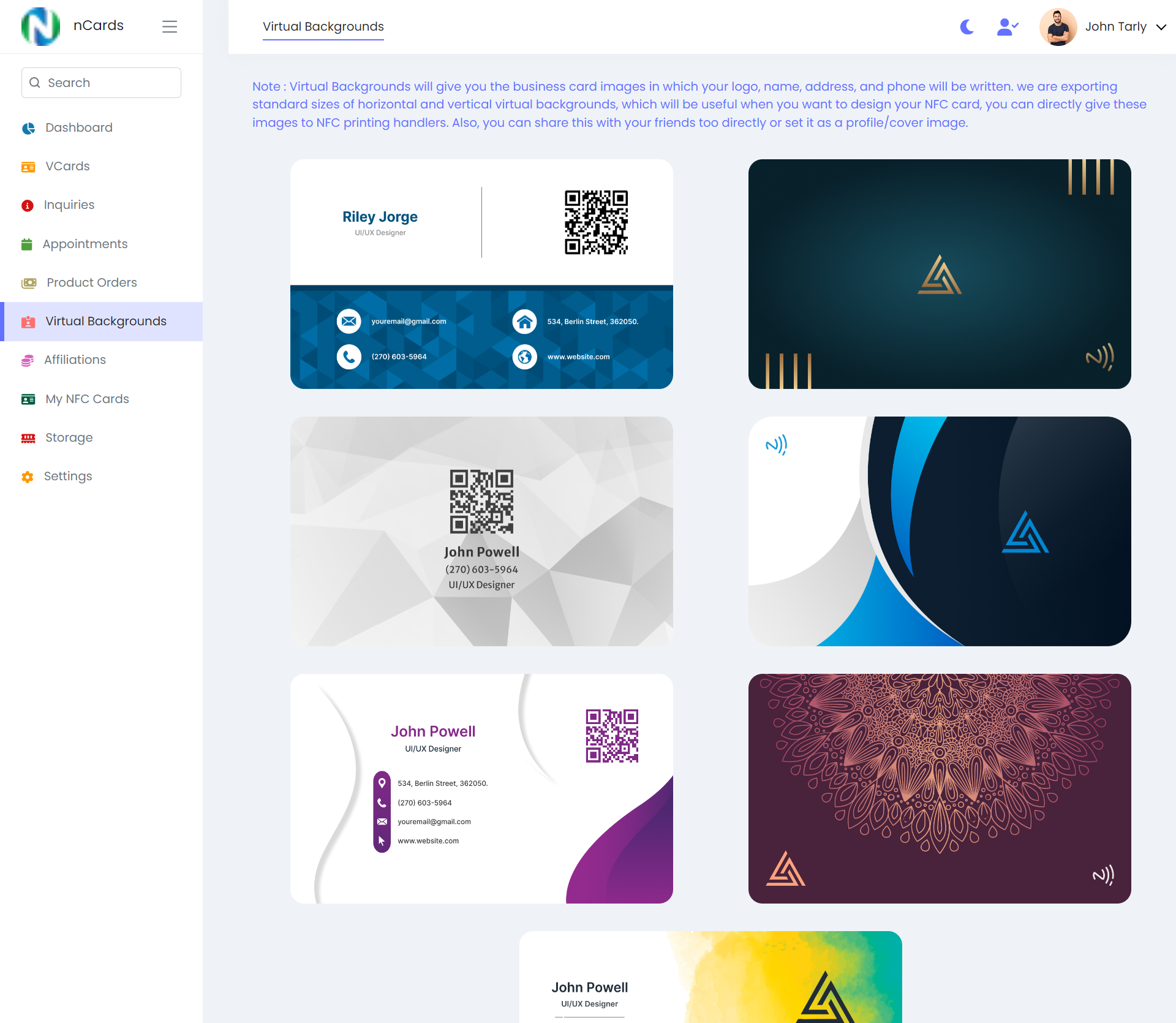 Digital business card — user panel — Virtual Backgrounds
