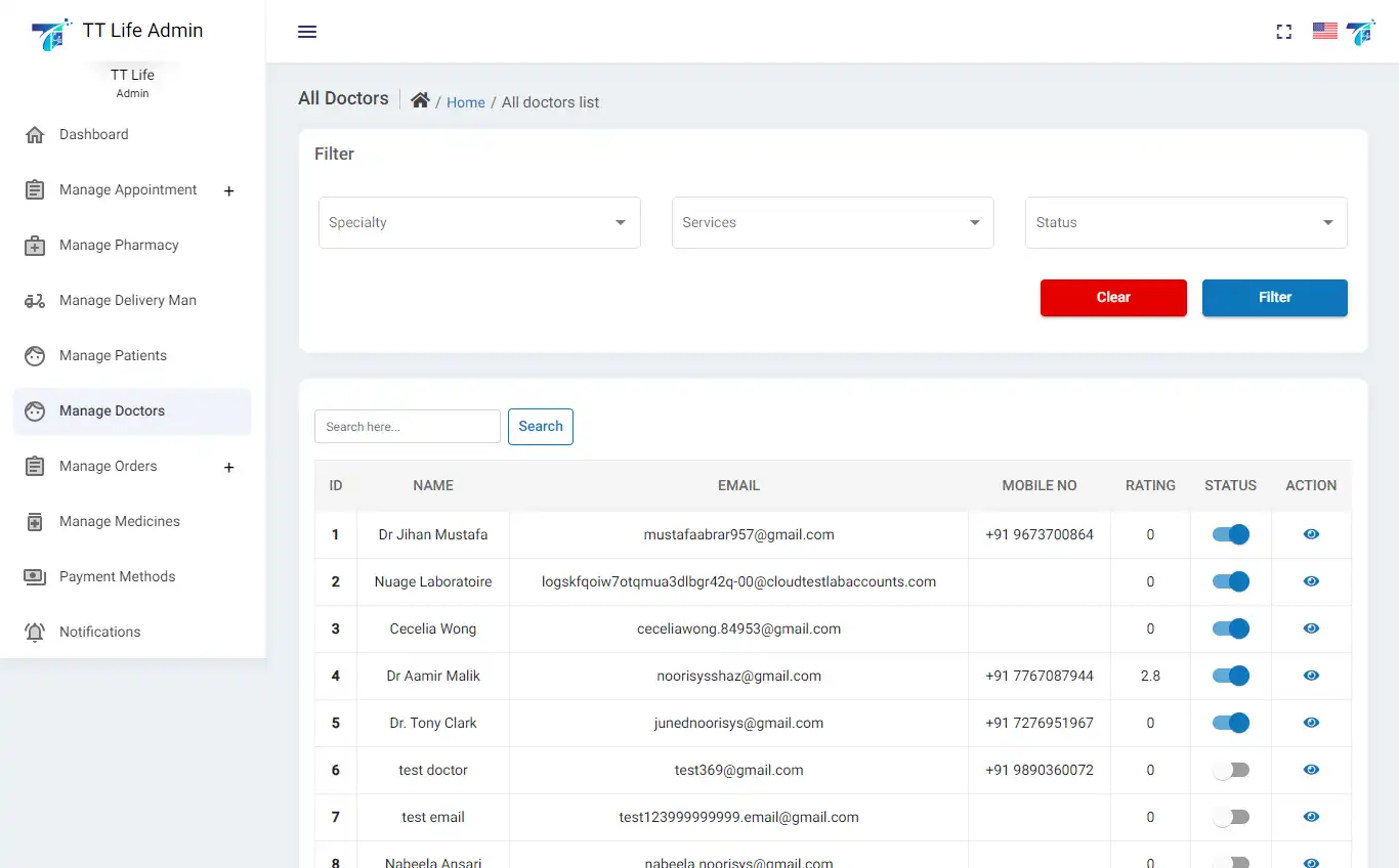 Doctor Appointment — admin — Manage Doctors