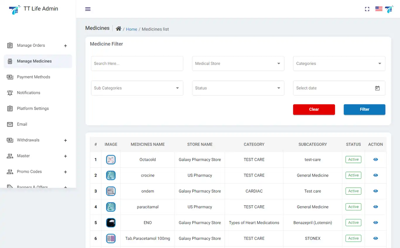 Pharmacy Ordering — admin — Manage Medicines