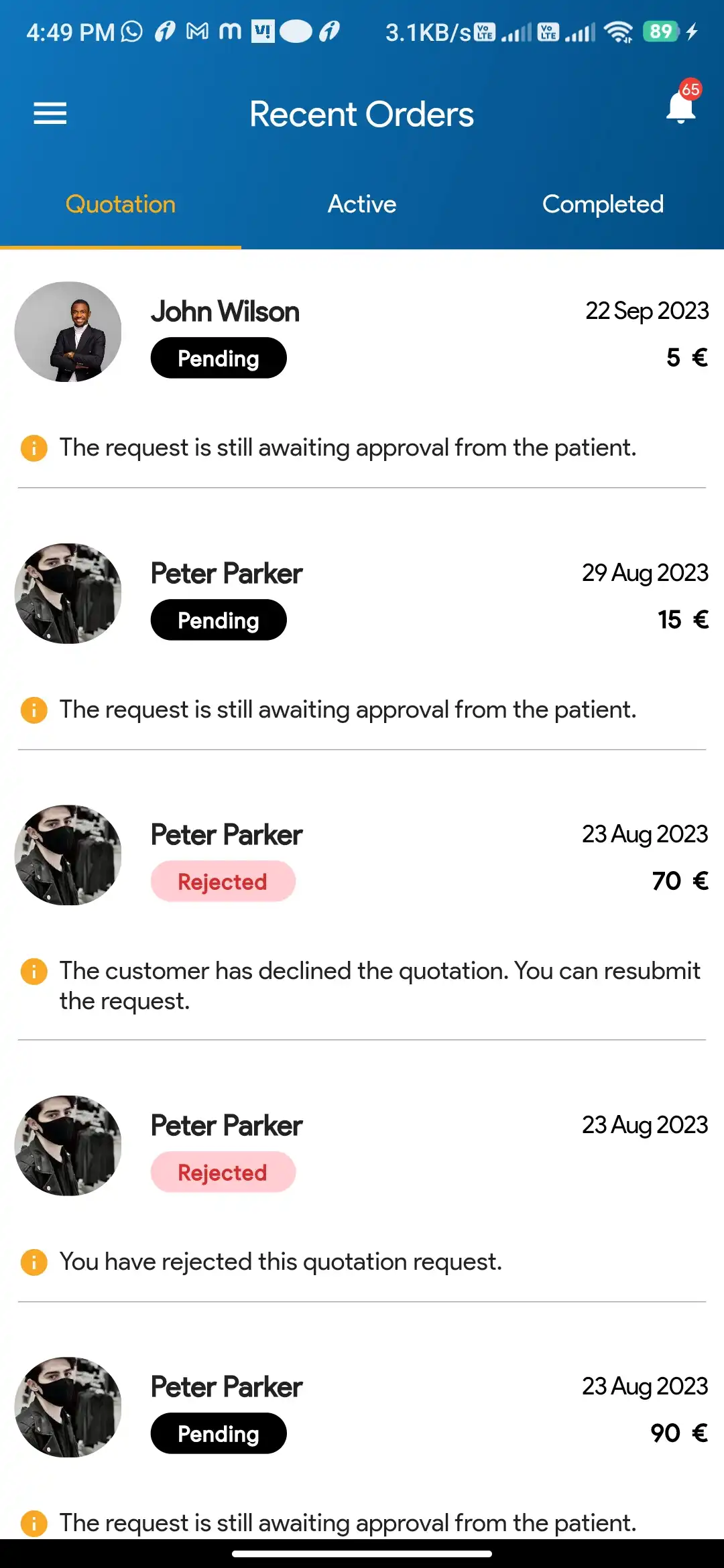 Doctor Appointment — pharmacy — Recent Orders Quotation