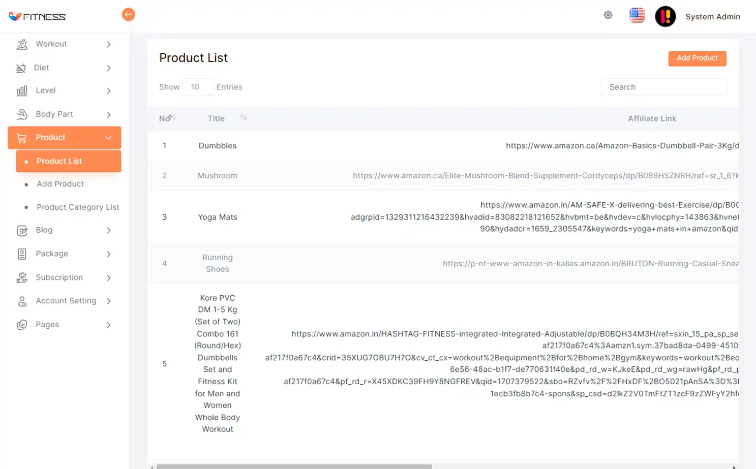 Fitness app — admin — Products List
