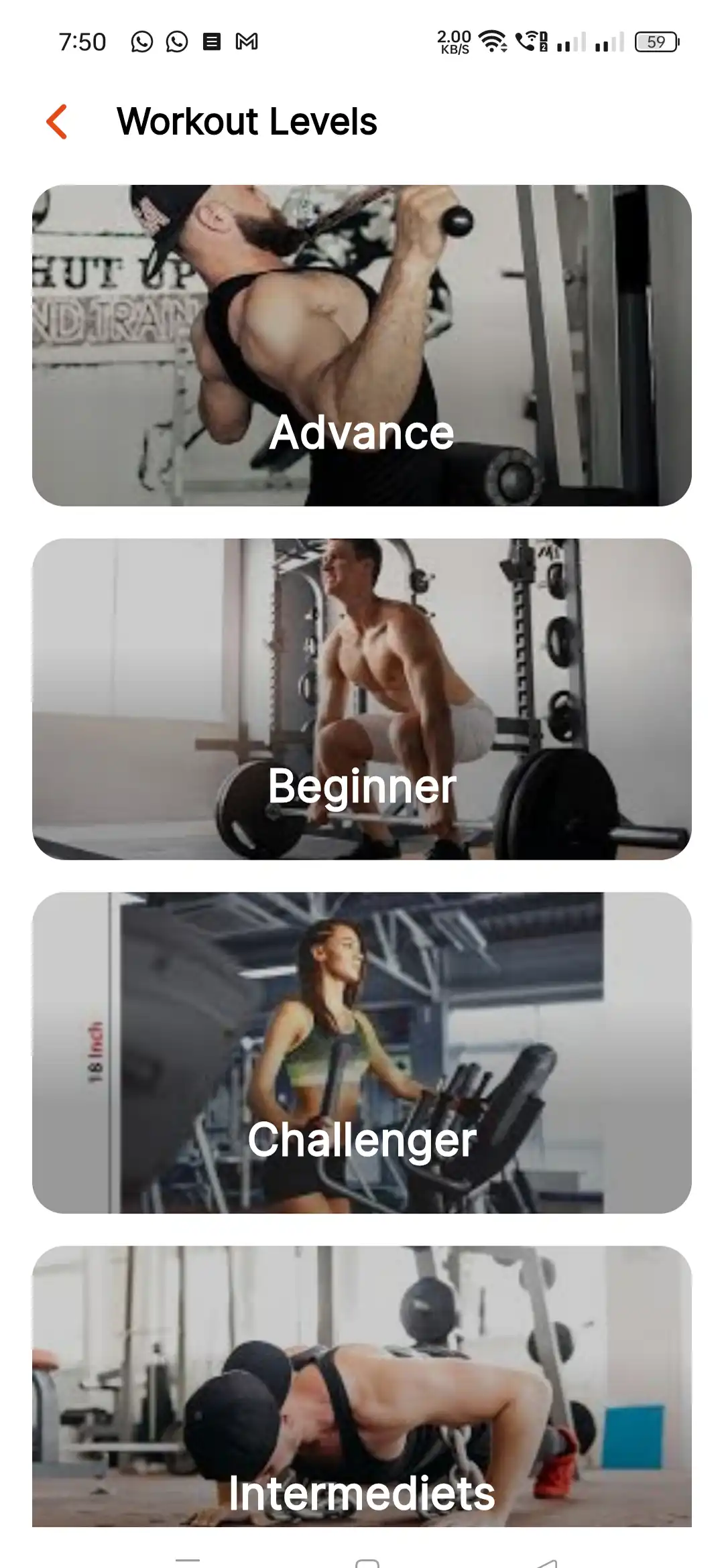 Fitness app — user — Workout Levels