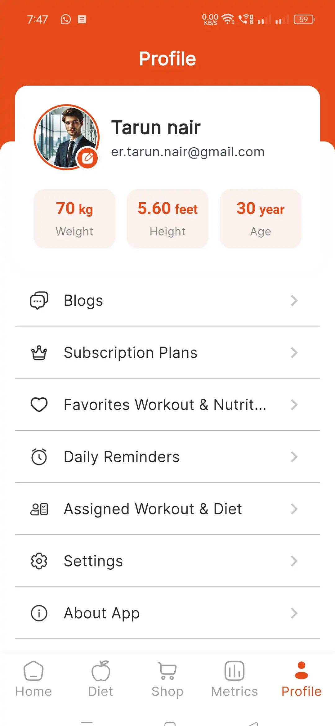 Fitness app — user — Profile
