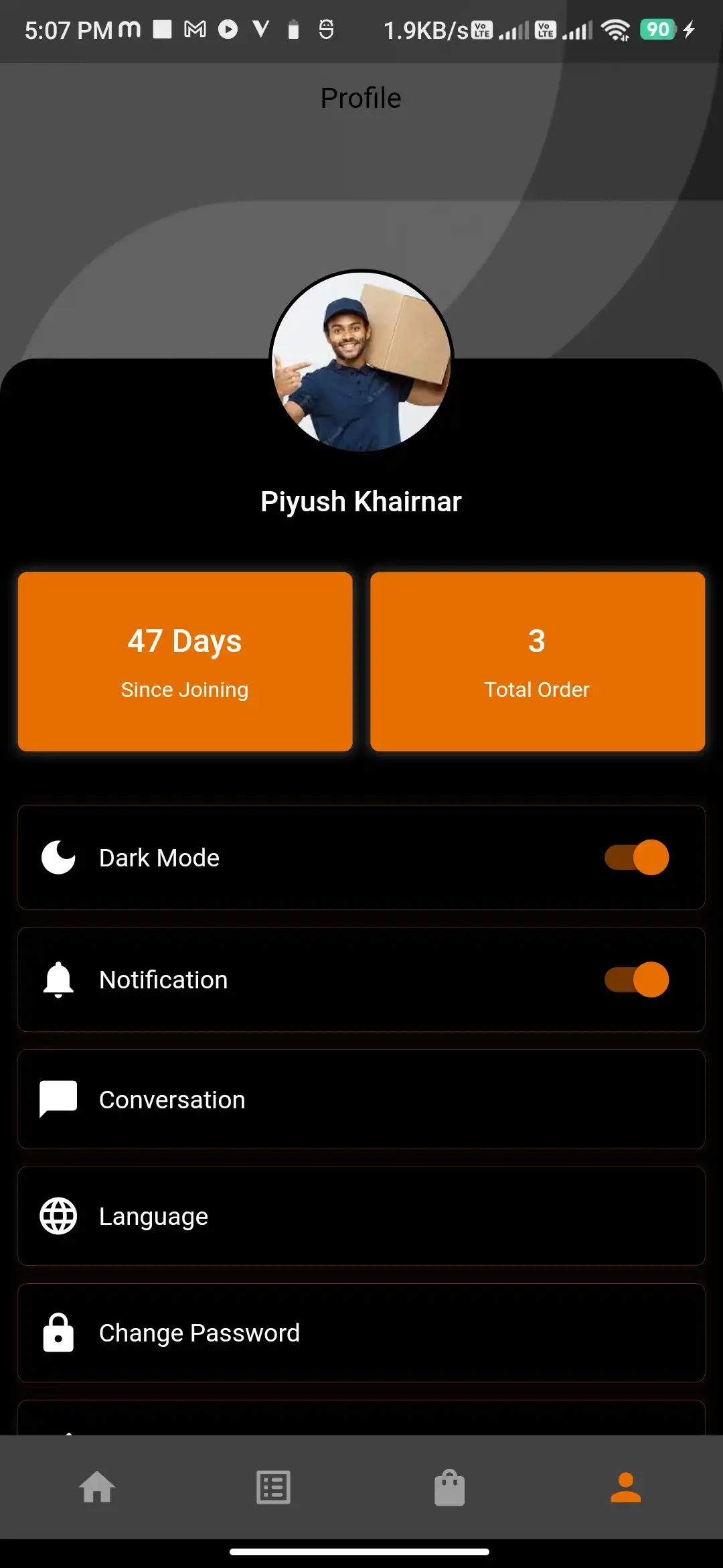 Food delivery delivery boy — Profile Dark Mode