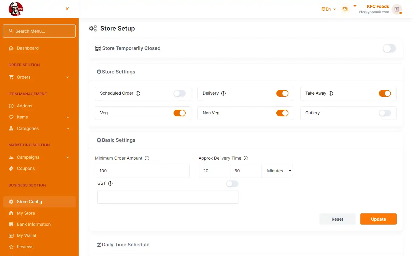Food delivery restaurant panel — Store Config