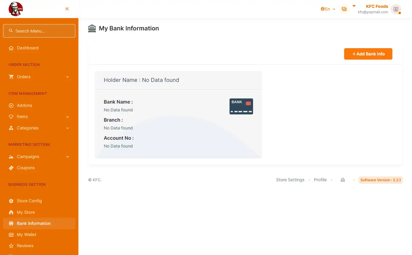 Food delivery restaurant panel — Bank Information