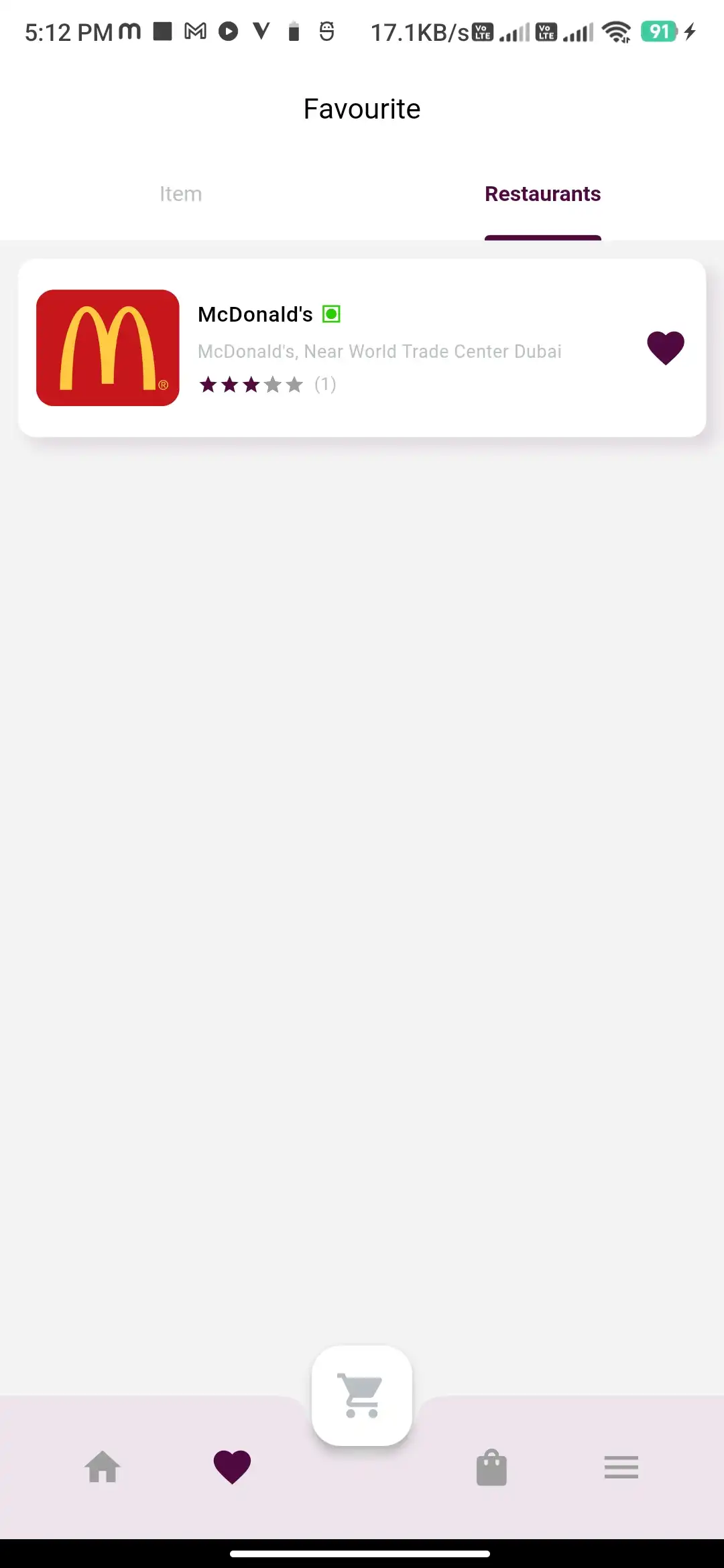 Food delivery user — Favourite Restaurant