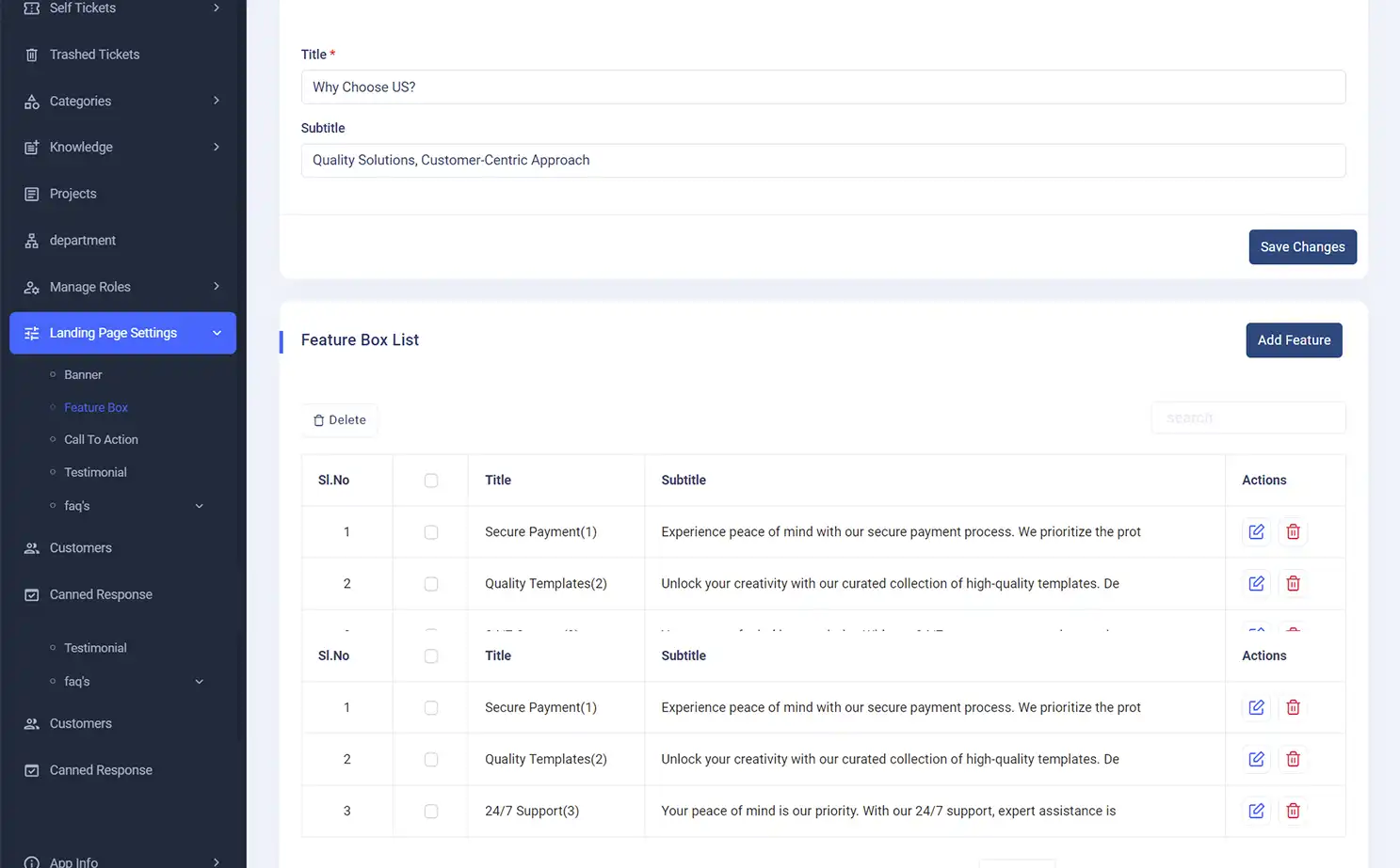 Helpdesk — admin — Feature List