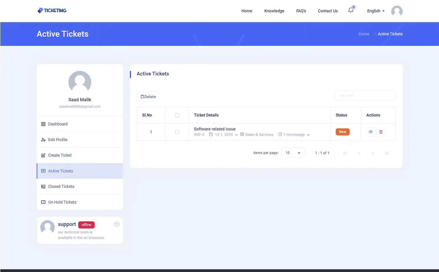 Helpdesk — user — Active Tickets