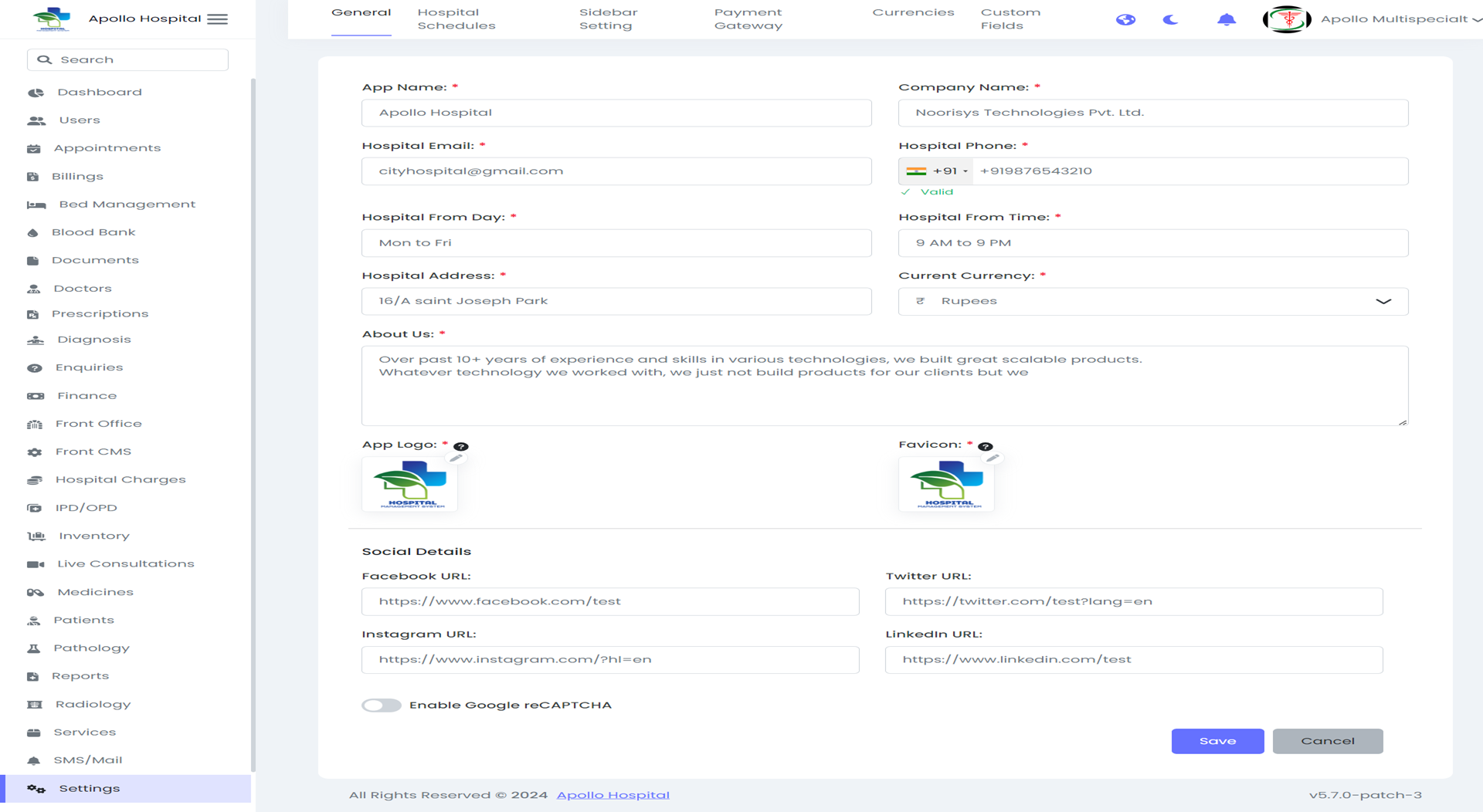 Hospital Management System — hospital panel — Setting