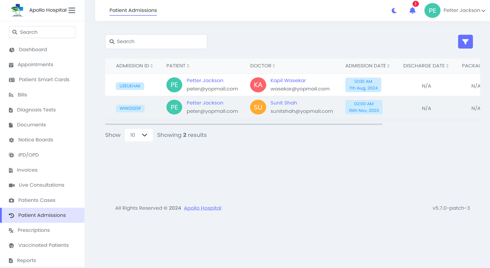 Hospital Management System — patient panel — Admission