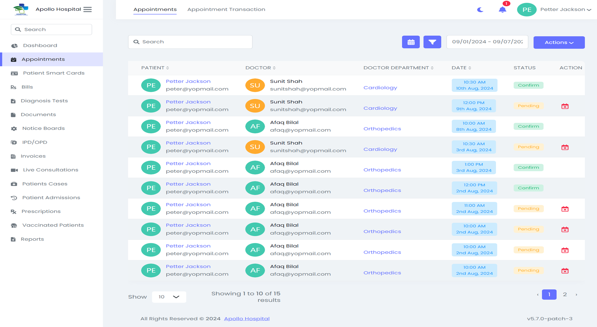 Hospital Management System — patient panel — Appointment