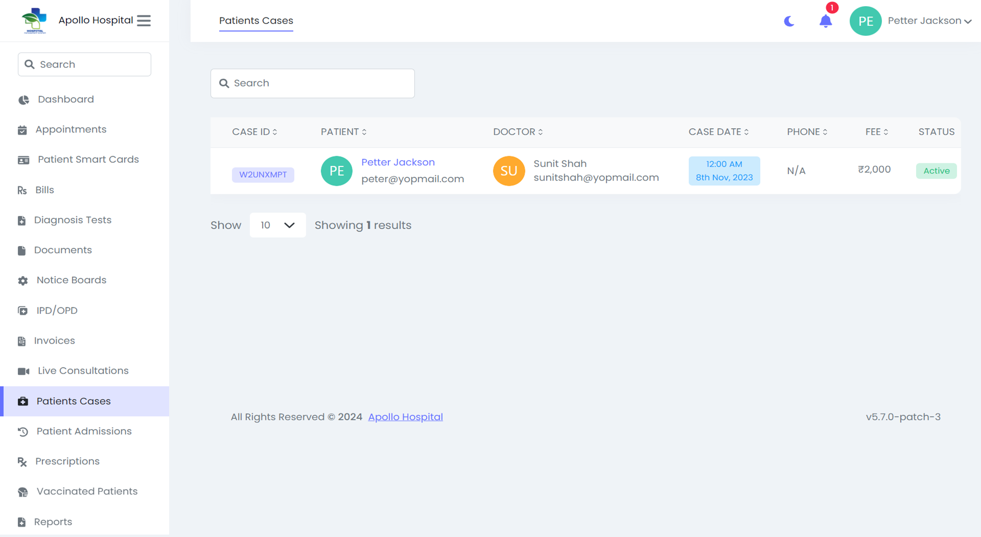 Hospital Management System — patient panel — Cases