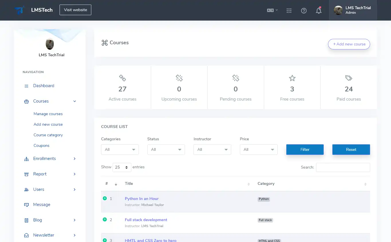 LMS — admin panel — Courses