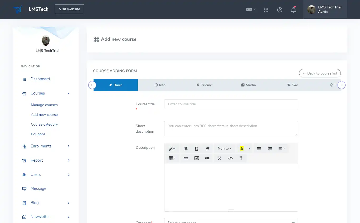 LMS — admin panel — Add New Course
