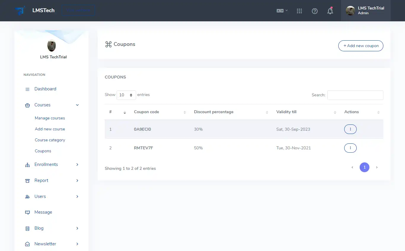 LMS — admin panel — Coupons