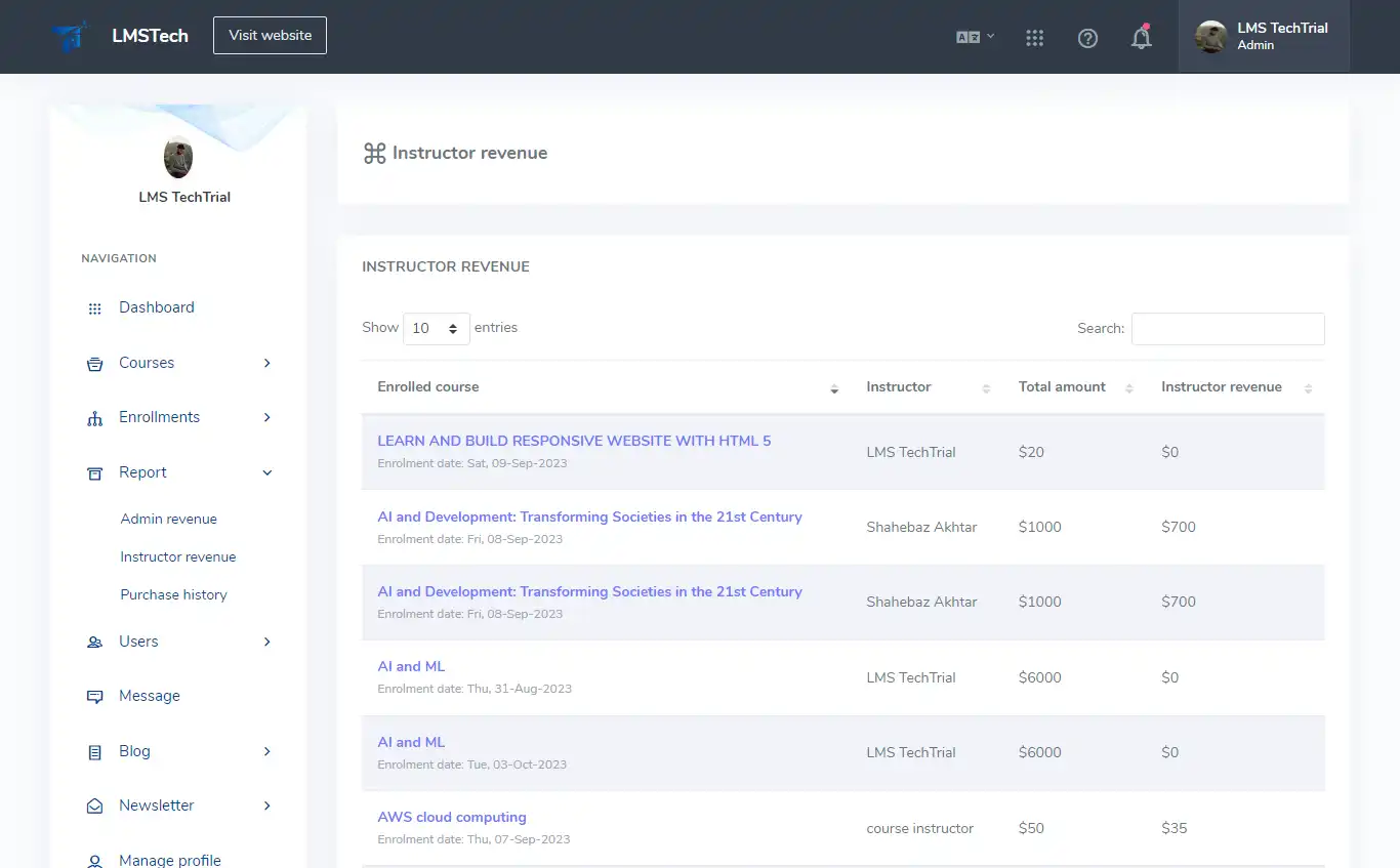 LMS — admin panel — Instructor Revenue