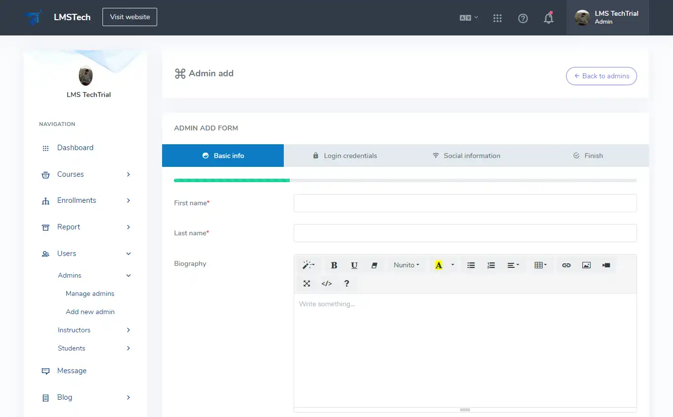 LMS — admin panel — Add Admin