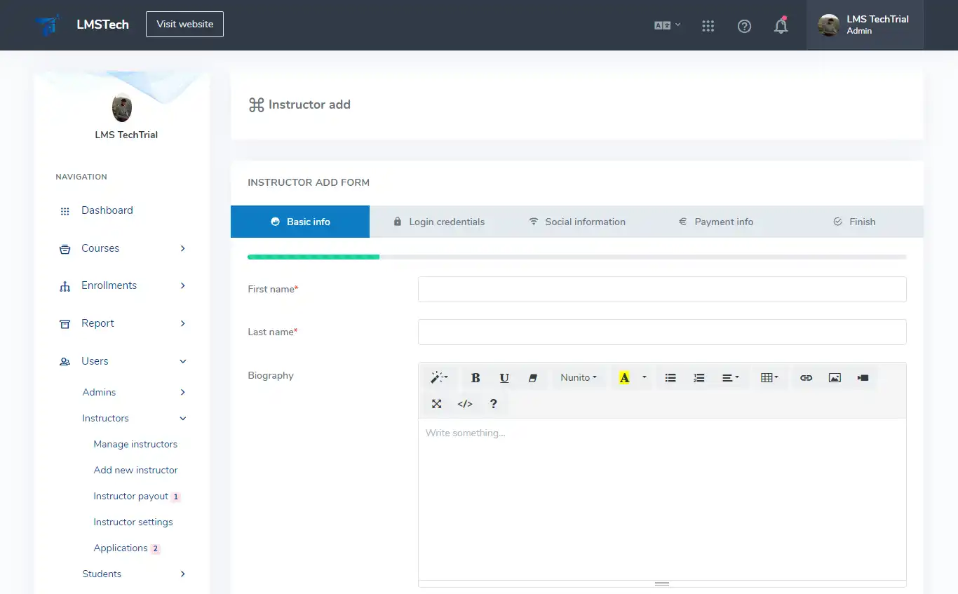 LMS — admin panel — Add Instructor