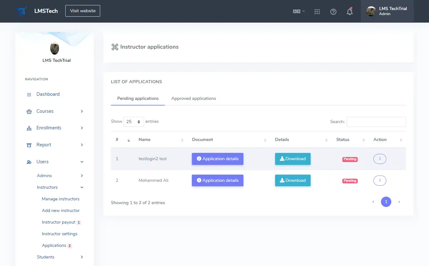 LMS — admin panel — Instructor Application
