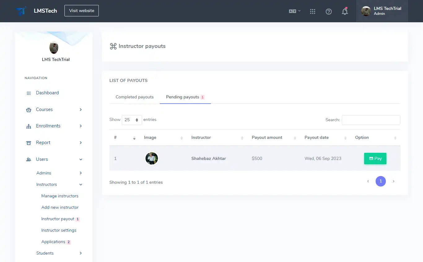 LMS — admin panel — Instructor Payouts