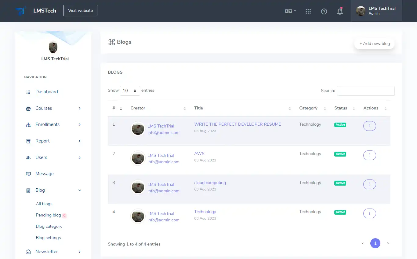 LMS — admin panel — Blogs