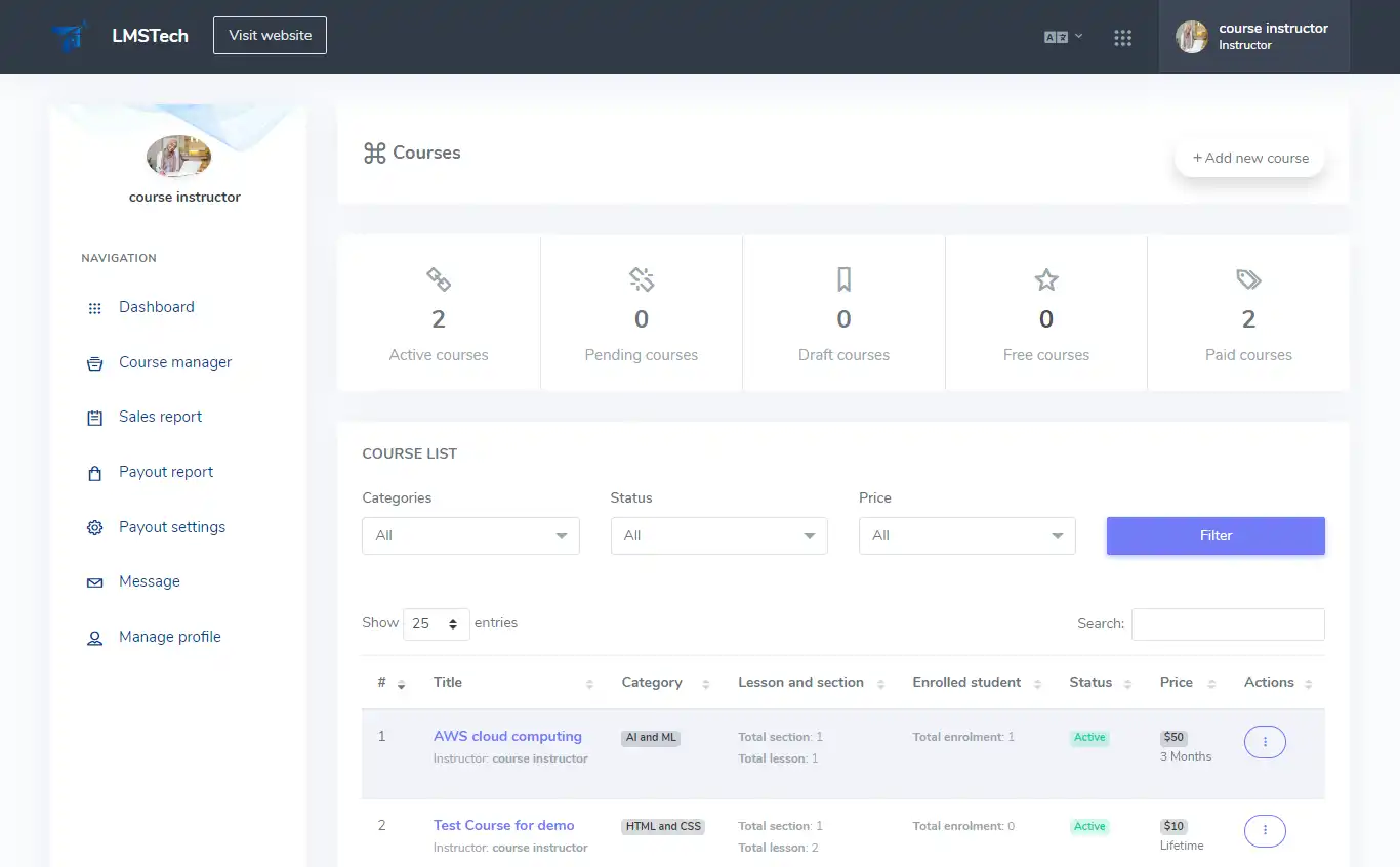 LMS — instructor panel — Courses
