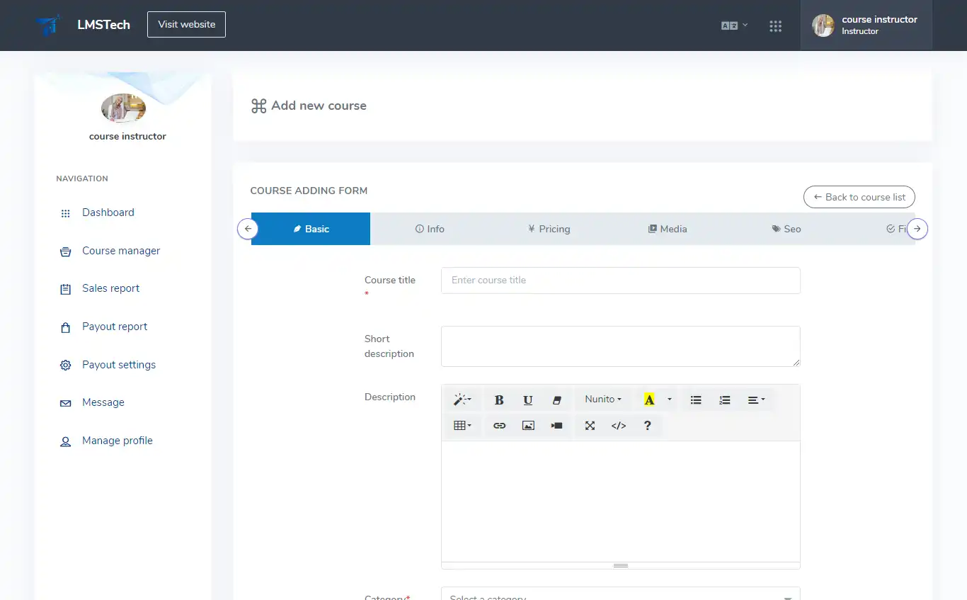 LMS — instructor panel — Add new courses