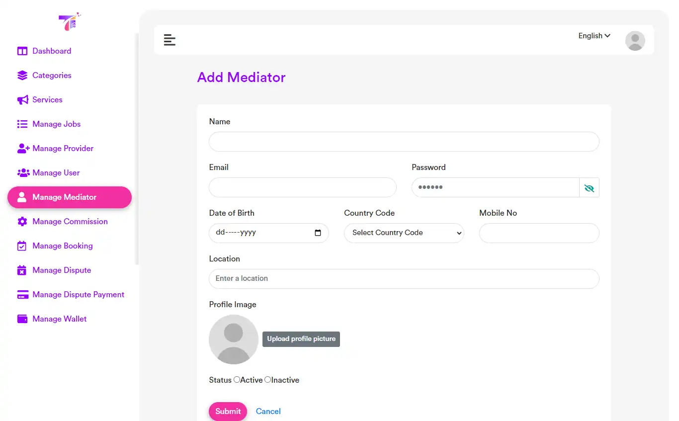 Service marketplace — admin panel — Manage Mediator