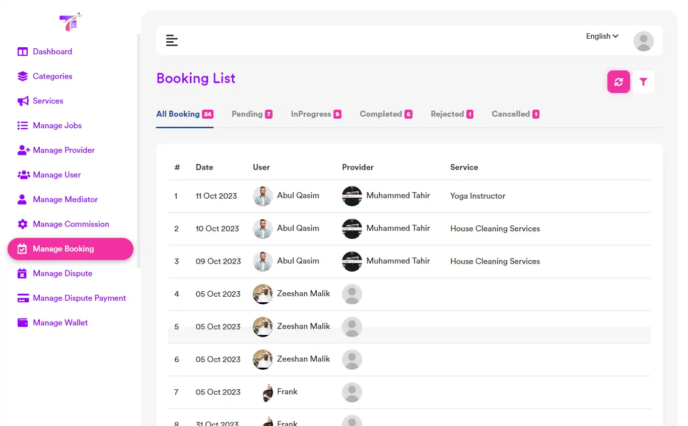 Service marketplace — admin panel — Manage Booking