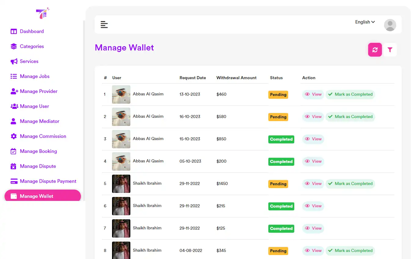 Service marketplace — admin panel — Manage Wallet