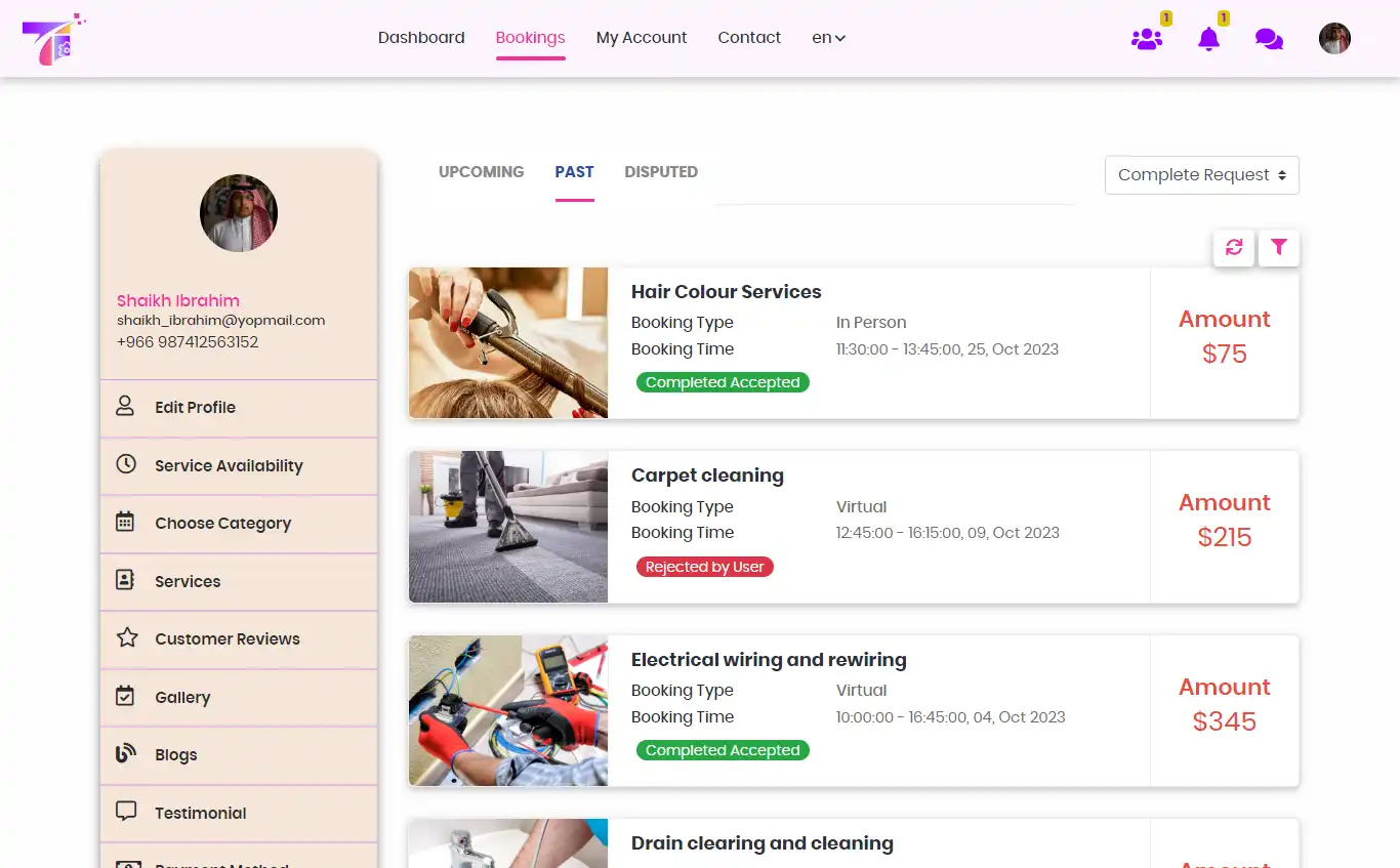 Service marketplace — provider panel — Bookings Past