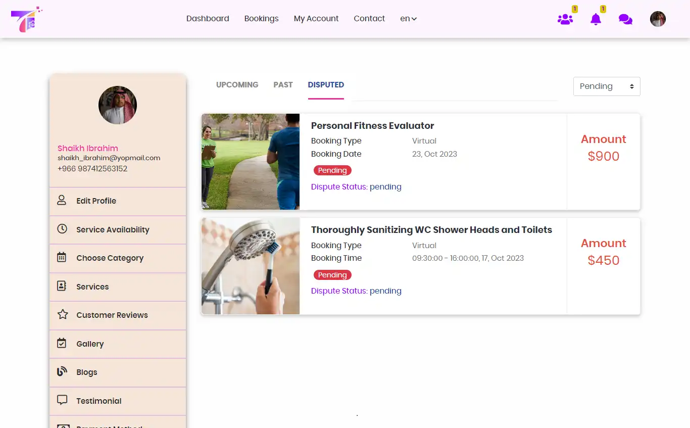 Service marketplace — provider panel — Bookings Disputed