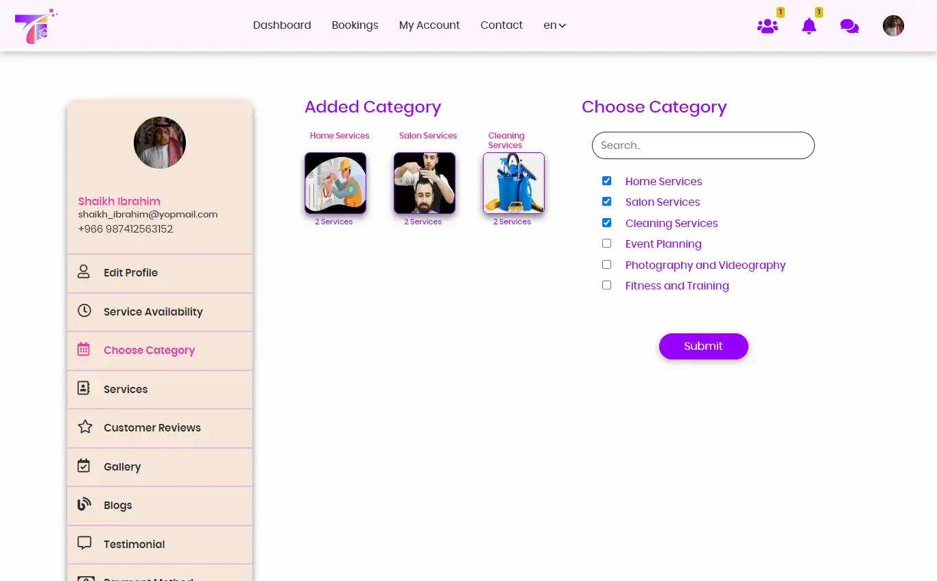 Service marketplace — provider panel — Choose Category