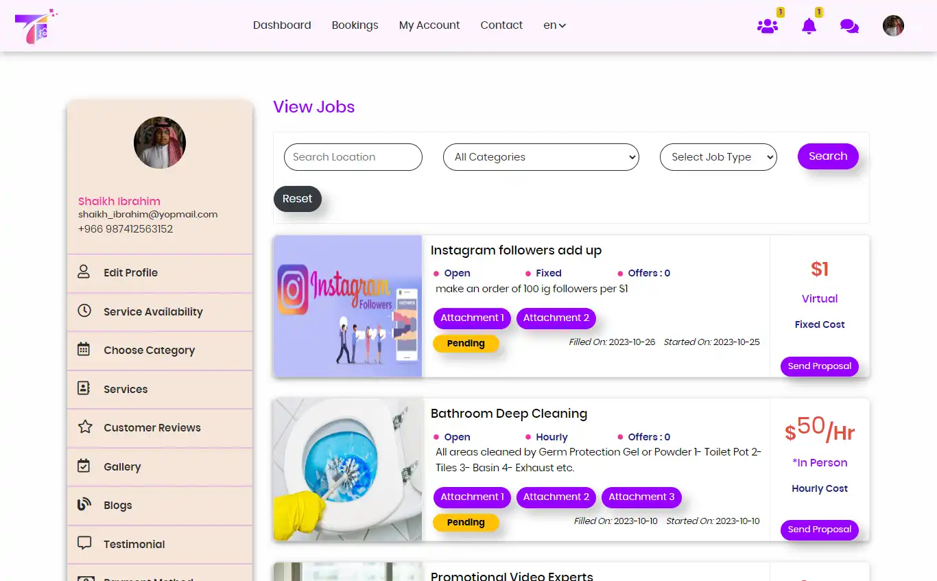 Service marketplace — provider panel — View Jobs