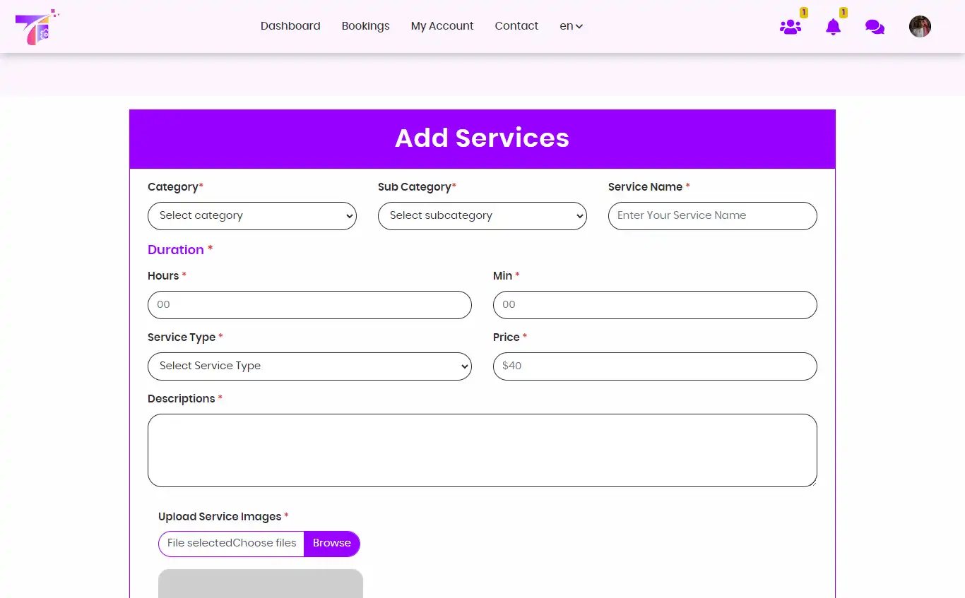 Service marketplace — provider panel — Add Services