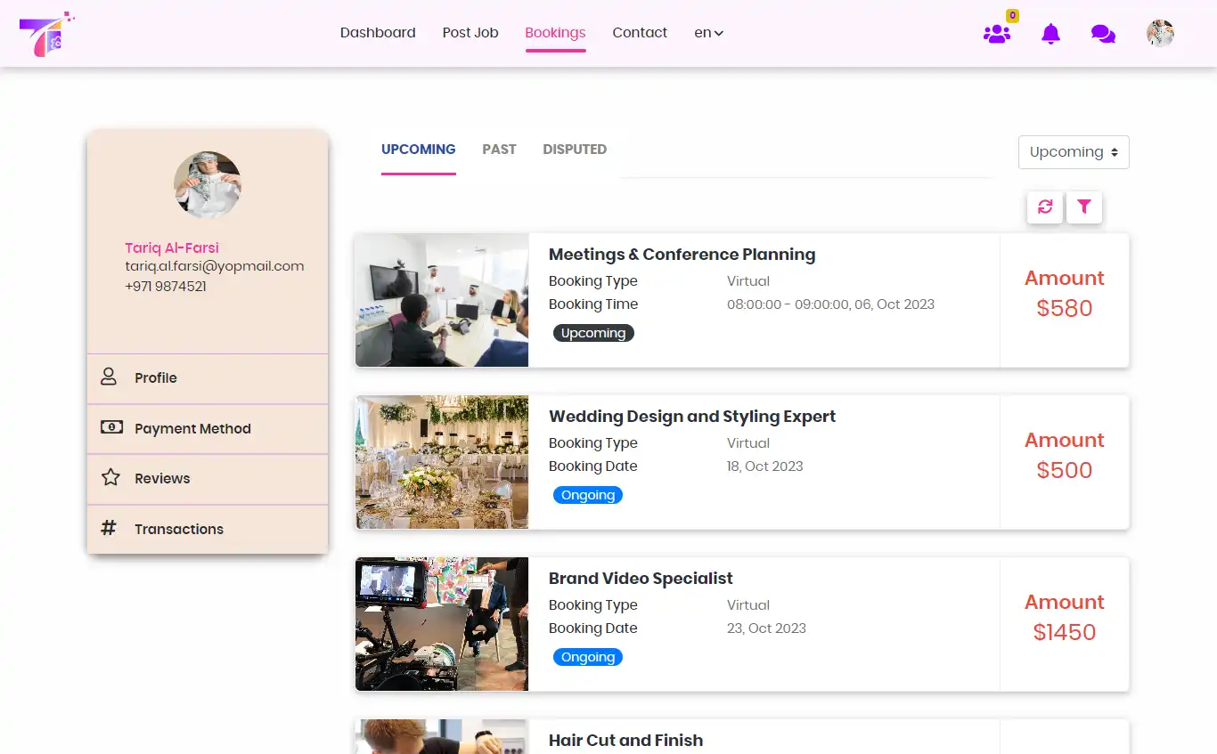 Service marketplace — user panel — Bookings