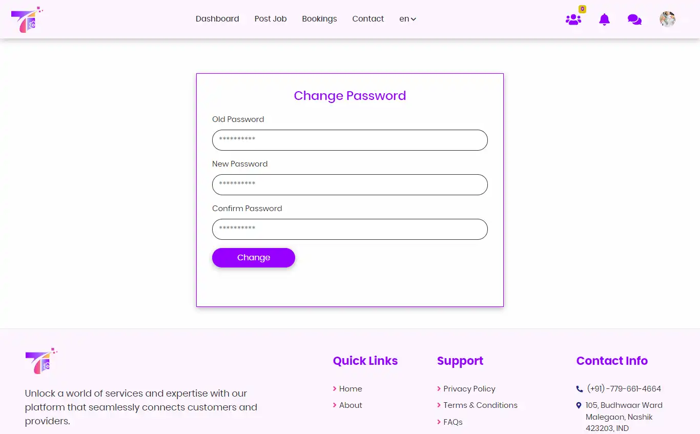 Service marketplace — user panel — Change Password