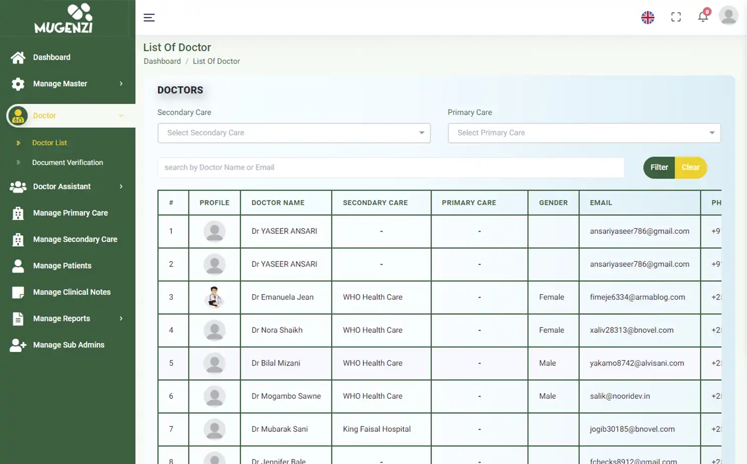Mugenzi EMR — admin — Doctor List