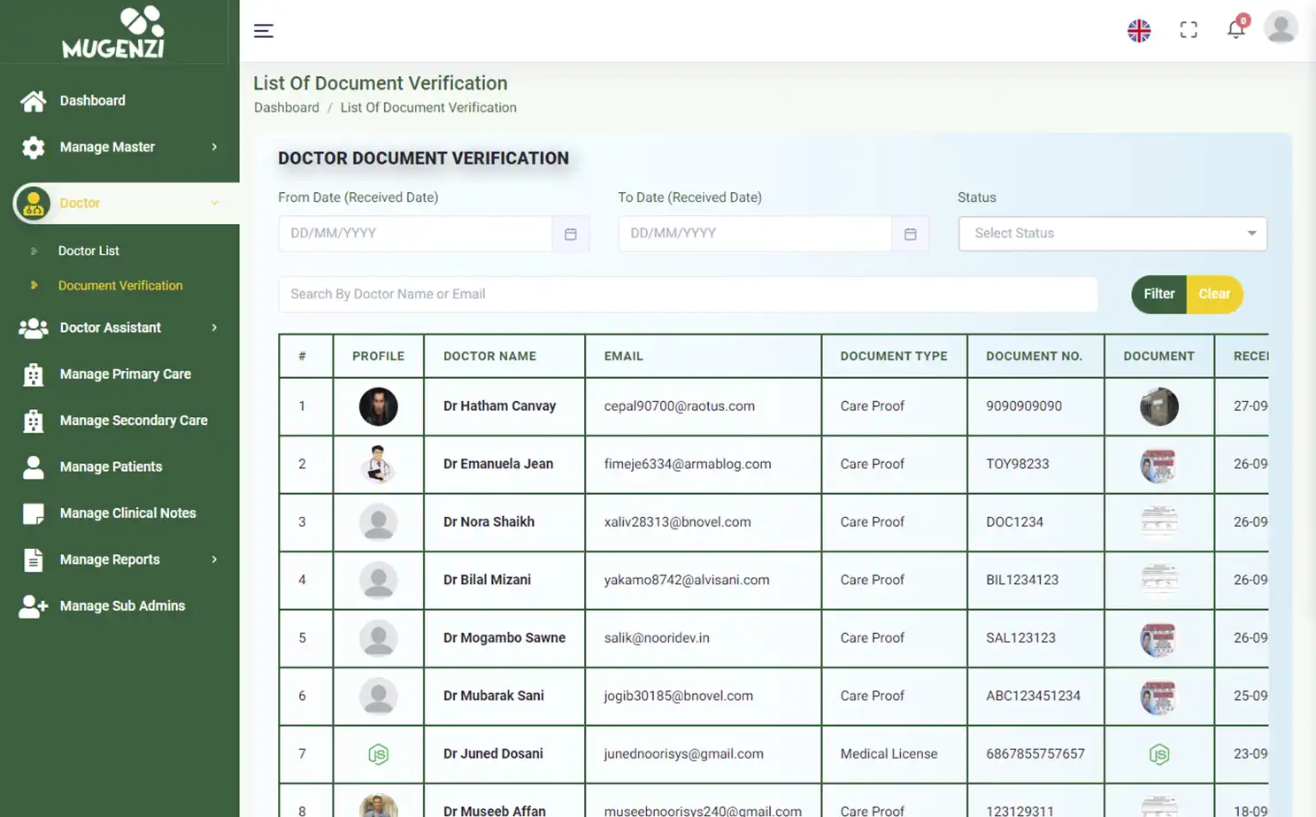 Mugenzi EMR — admin — Doctor Document Verification