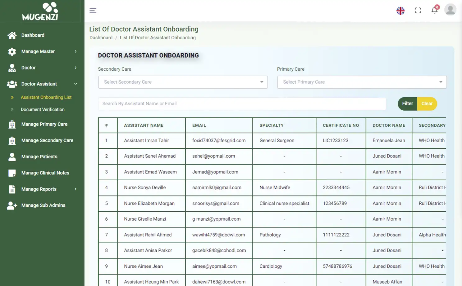 Mugenzi EMR — admin — Assistant Onboarding