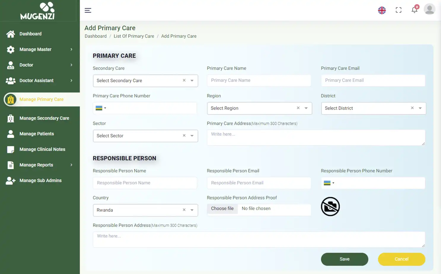 Mugenzi EMR — admin — Add Primary Care