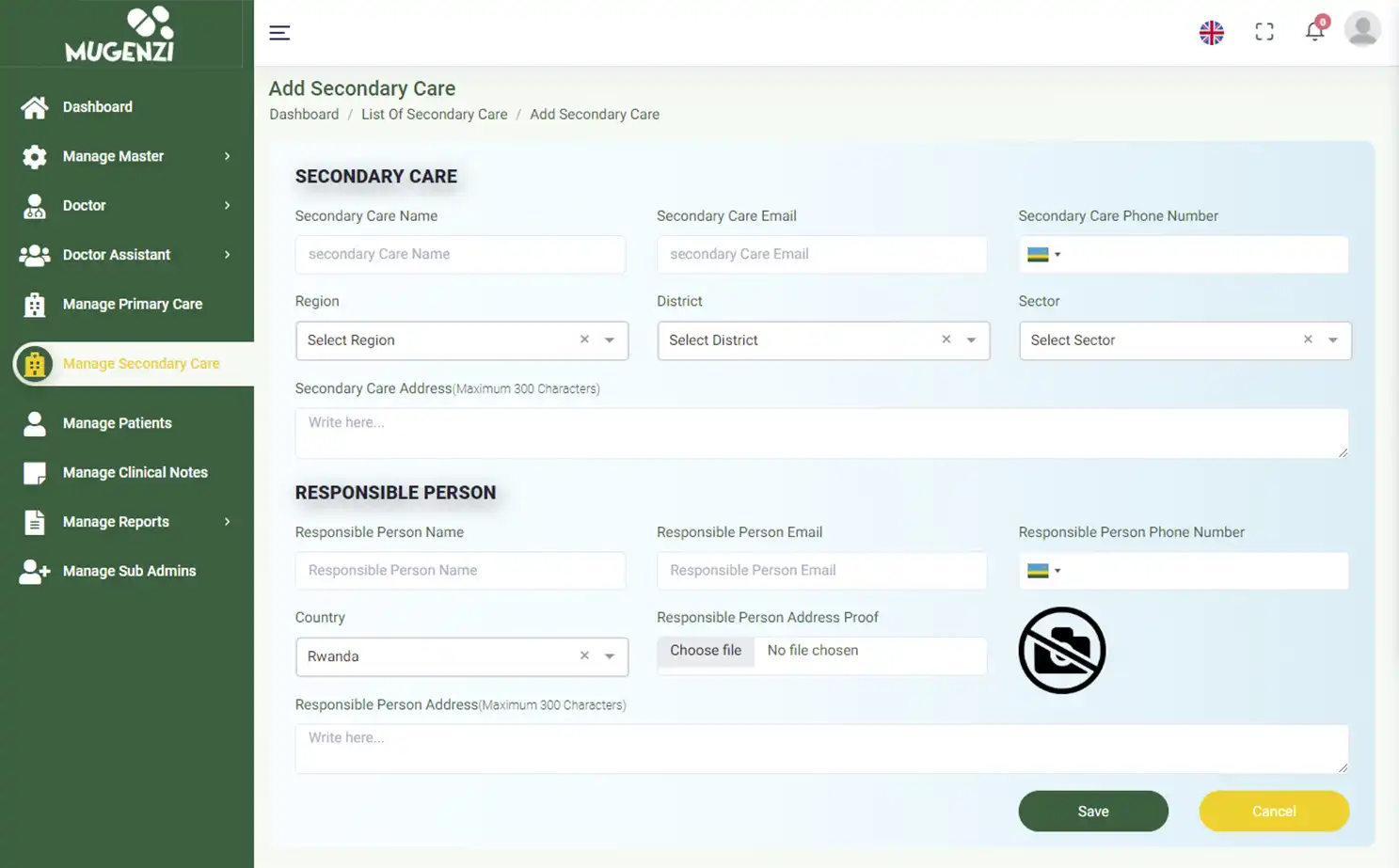 Mugenzi EMR — admin — Add Secondary Care