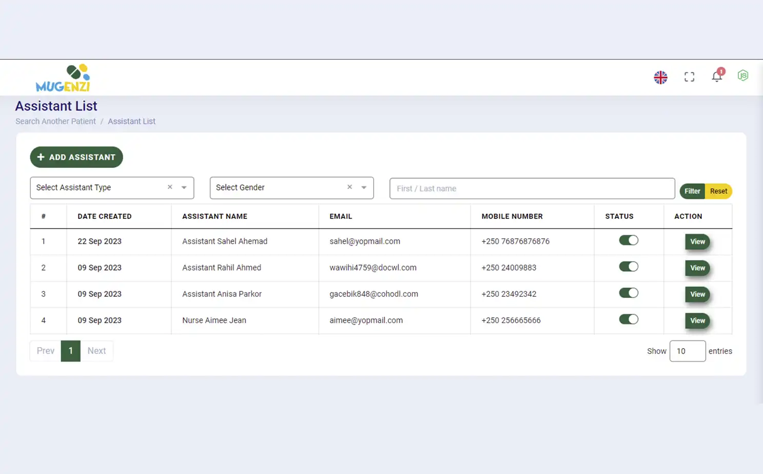 Mugenzi EMR — doctor — Assistant List