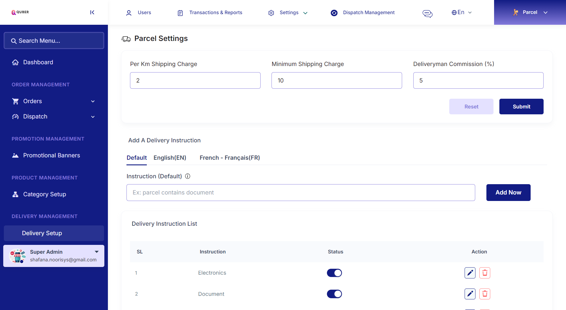 Parcel admin — Delivery Setup